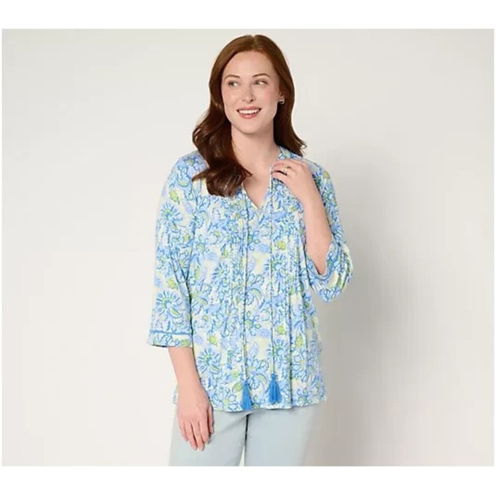 Belle by Kim Gravel Rayon Spandex Pintuck Tassel Top santorini blue, medium #25# - Picture 1 of 12